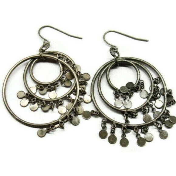 Big Multi Moving Circles Silver Tone Vertical Drop Dangle Hook Earrings Womans - Picture 1 of 6